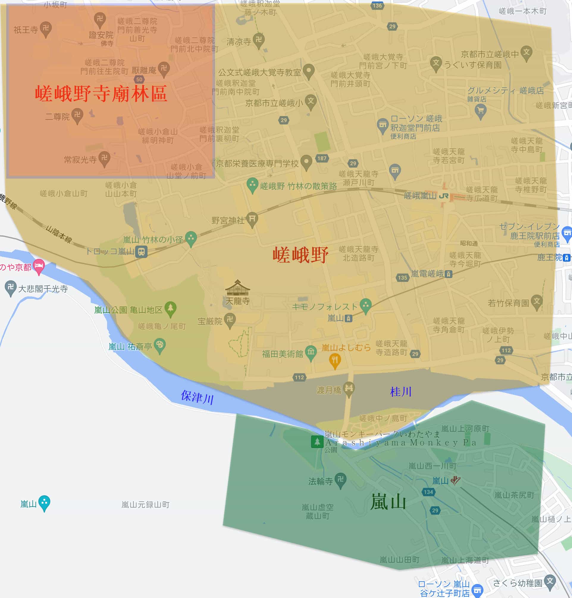 京都嵐山嵯峨野．小倉山下寺廟林立區地圖