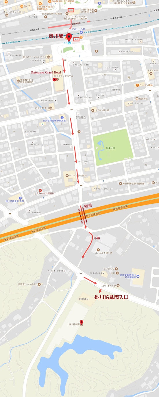 掛川駅步行往掛川花鳥園路線地圖