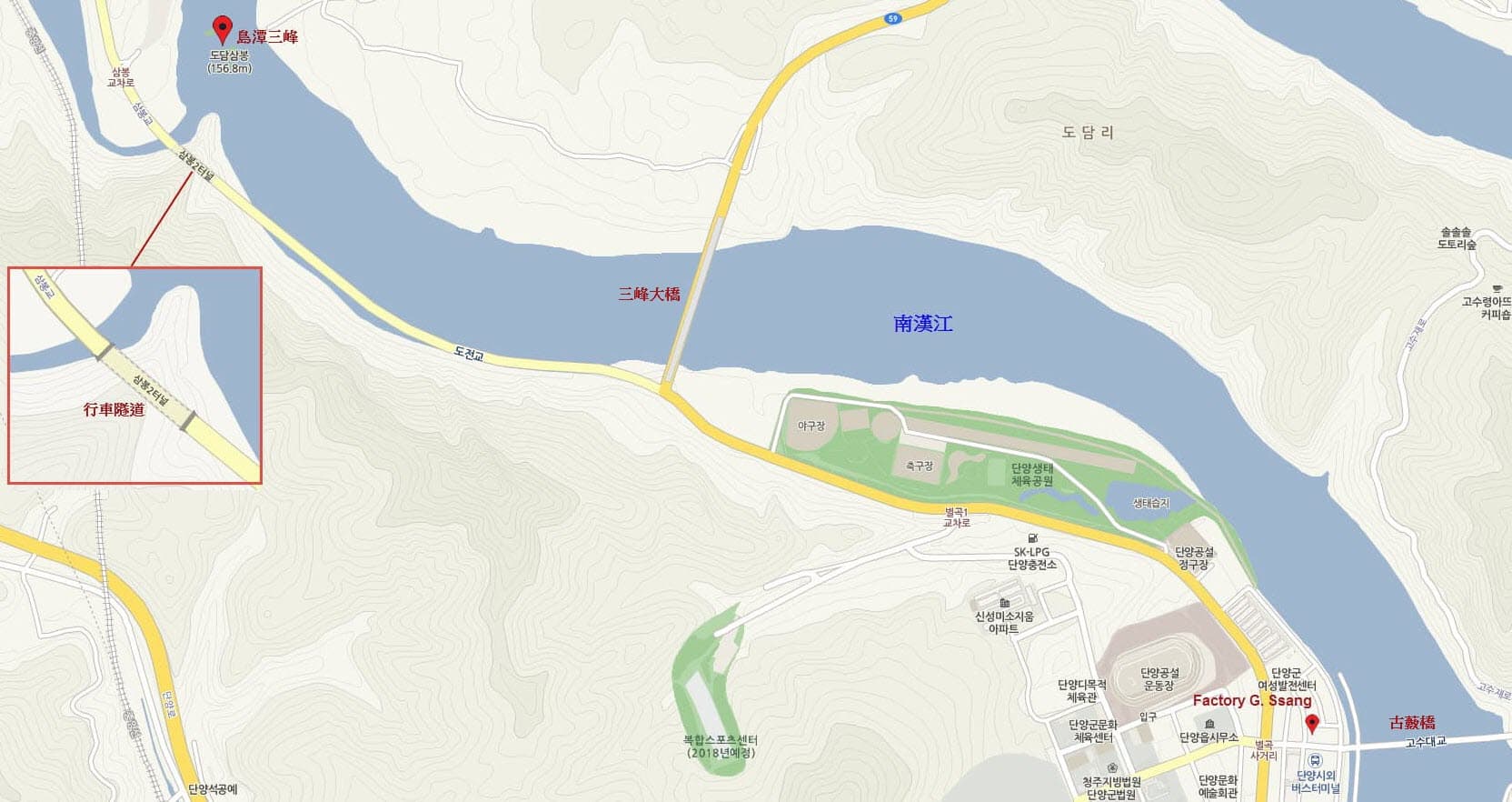 韓國丹陽三峰大橋步行往島潭三峰路線圖