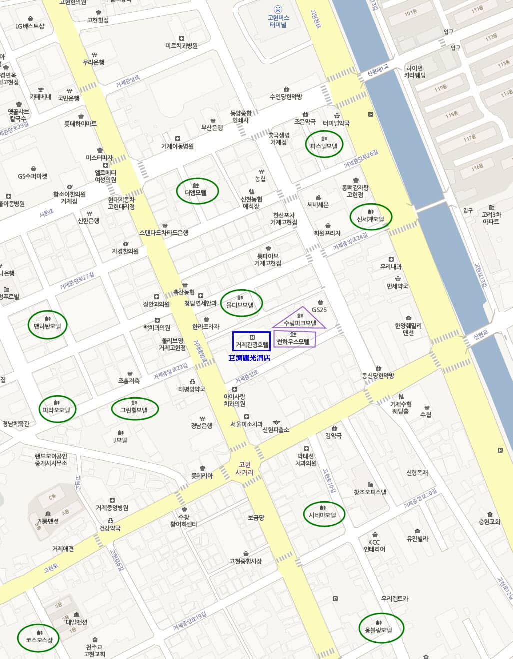 韓國自助旅遊: 巨濟島古縣市主要旅館分佈地圖