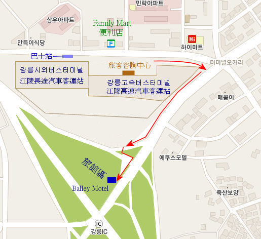 韓國江陵綜合客運站前往江陵住宿地圖路線