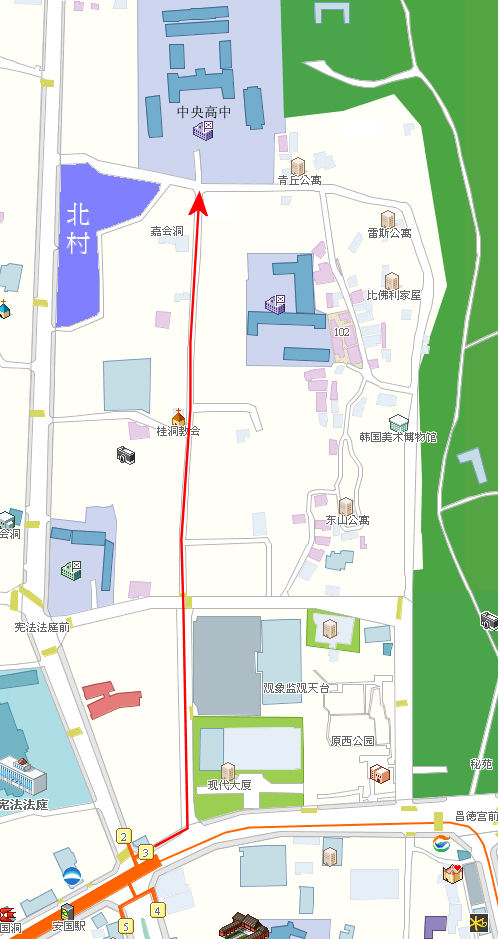 韓國首爾安國地鐵站往中央高中及北村路線圖