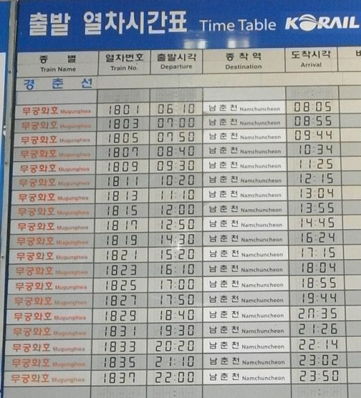 首爾清涼里至加平火車時刻表