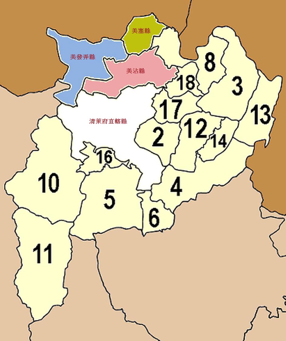 清萊府轄下18縣地圖