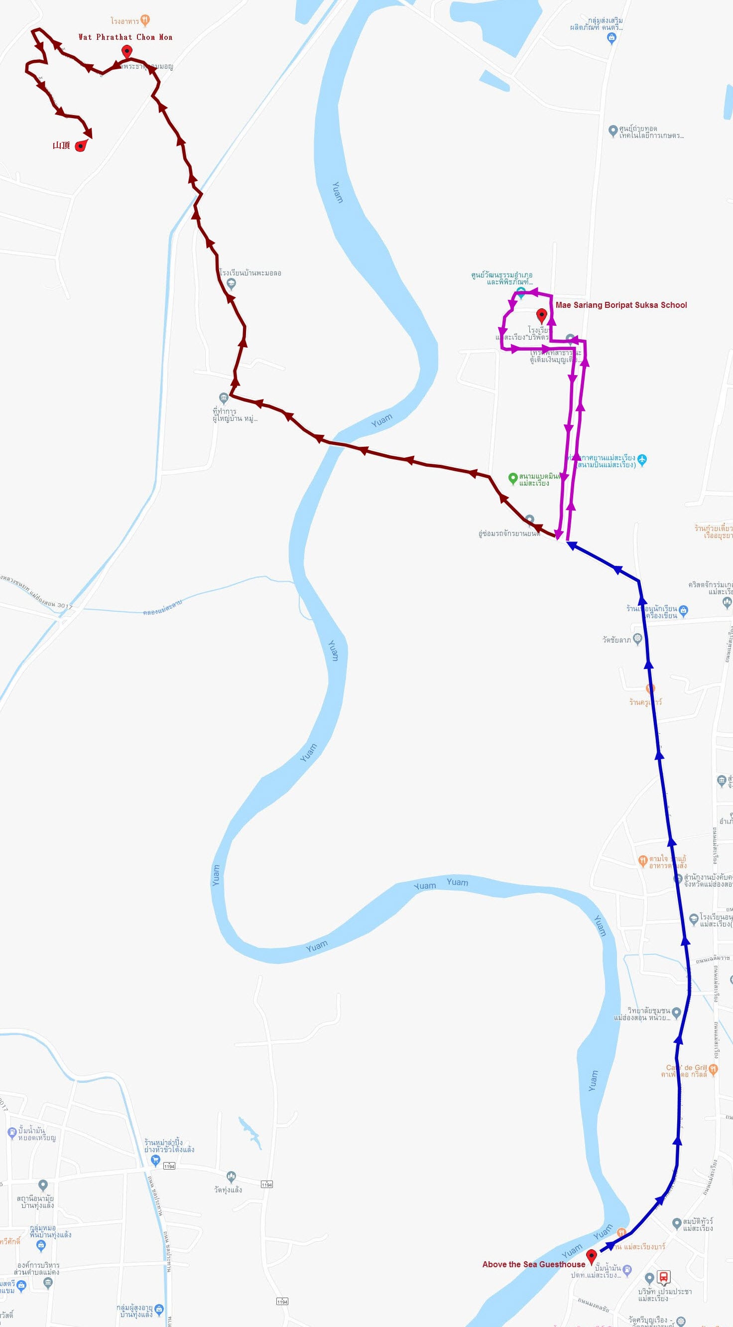 泰國夜沙良 (Mae Sariang / อำเภอแม่สะเรียง) 鄉鎮中心步行到 Wat Phrathat Chom Mon 山頂的路線地圖