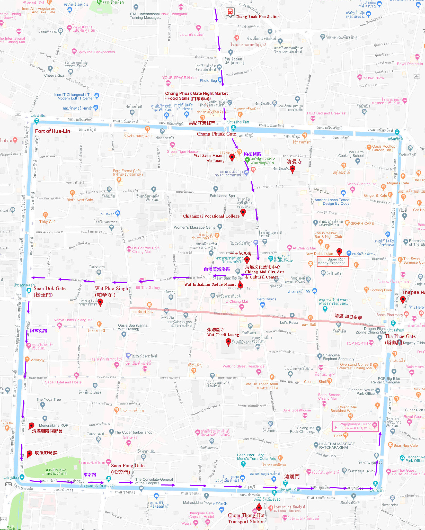 泰國清邁 Chang Puak Bus Station步行經西門、南門往塔佩門路線地圖