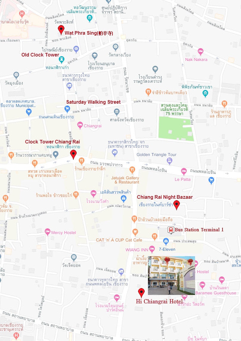 泰國清萊市 清萊鐘樓、清萊步行街、清萊舊鐘樓wer、 帕辛寺  散步地圖