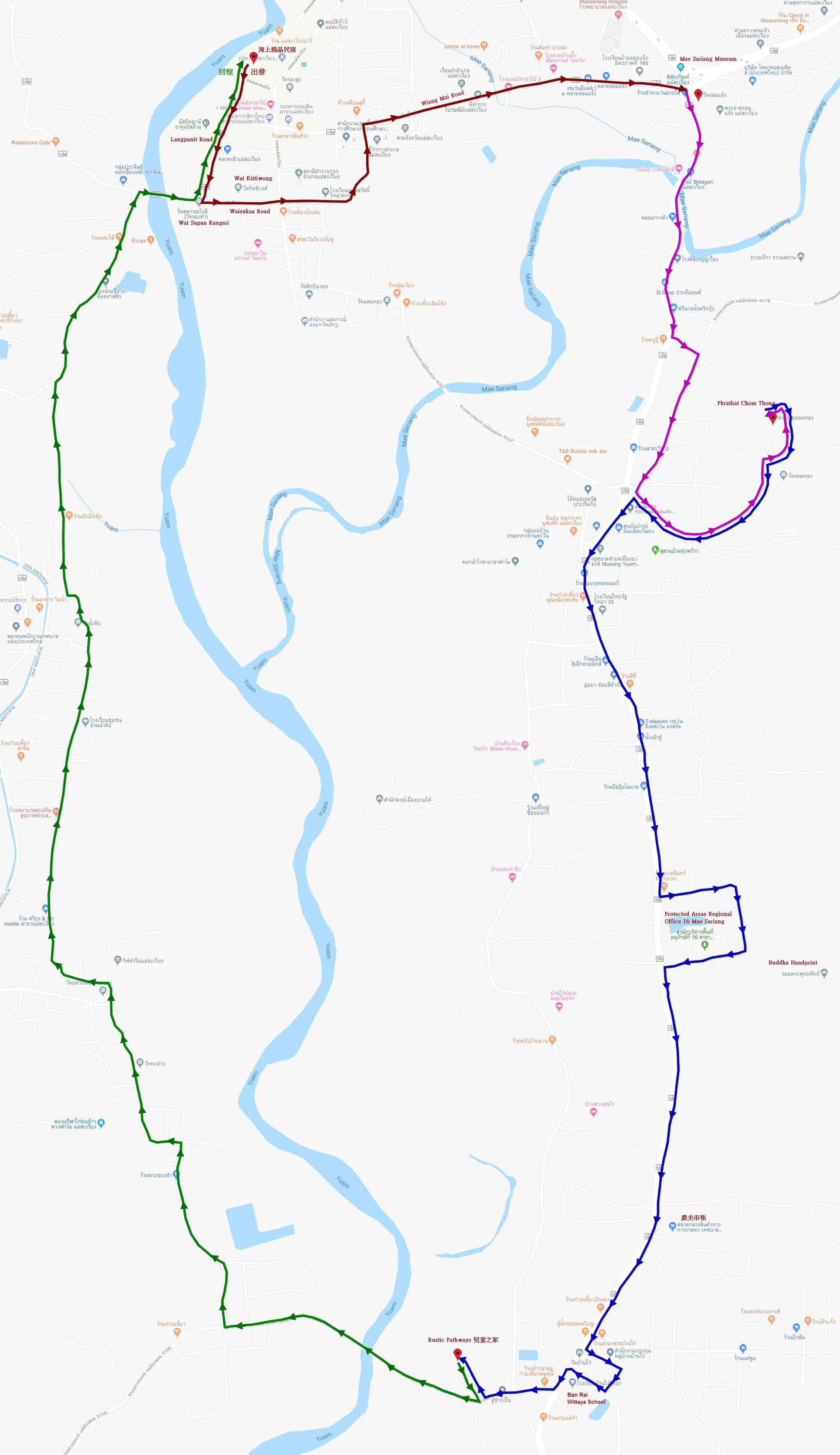 泰國夜沙良 (Mae Sariang / อำเภอแม่สะเรียง) 鄉鎮遠足路線地圖