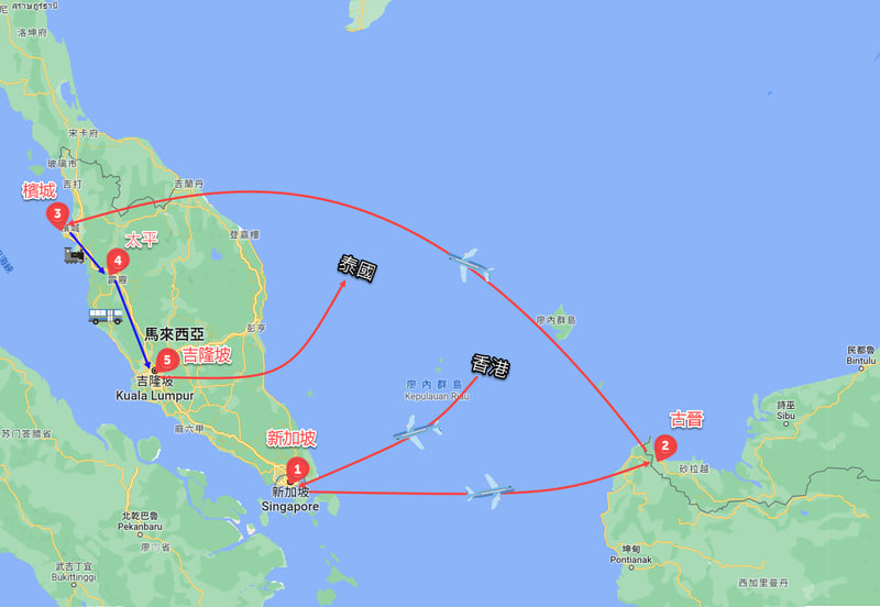 新加坡、東馬來西亞、西馬來西亞旅遊路線地圖